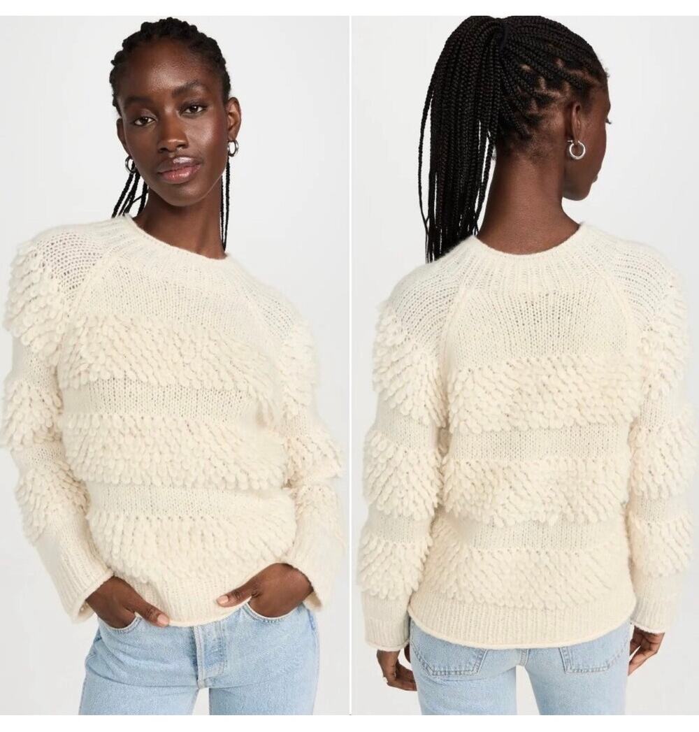 FAHERTY Polly Looped Knit Peruvian Baby Alpaca Wool Blend Sweater CREAM Small